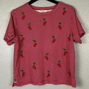 Bechamel Sz Petite Large Micro Checkered Cherry Red Short Sleeve Cotton Blouse